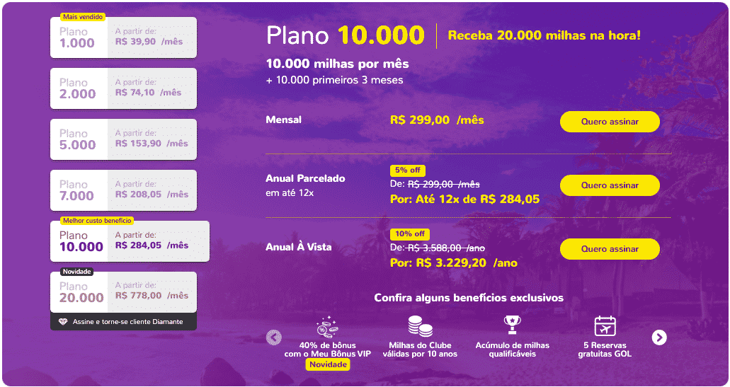 Simulação de assinatura do Clube Smiles no plano 10.000