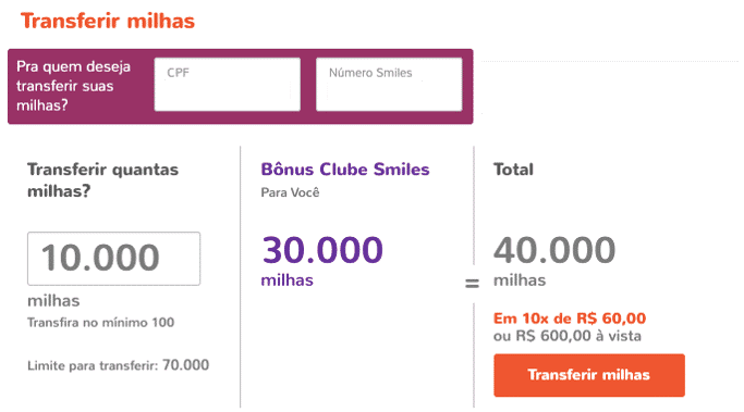Simulação de transferência de 10.000 milhas Smiles Simulação de transferência de 10.000 milhas Smiles
